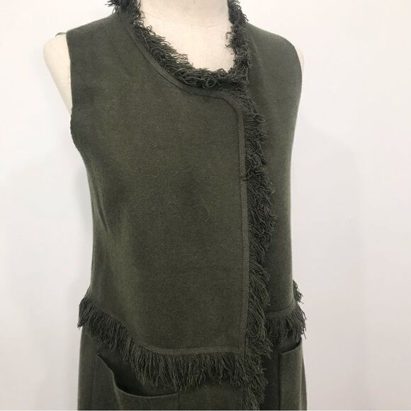 Sisters Olive Green Felted Knit Fringed Open Front Tunic Cardigan Vest - Picture 5 of 16